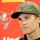 Tampa Bay Buccaneers quarterback Tom Brady (12) talks to the media after his teams 21-3 loss to the Carolina Panthers after an NFL football game Sunday, Oct. 23, 2022, in Charlotte, N.C.